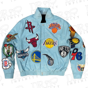 DRIP INFINITY: Light Blue NBA Team Collage Jeff Hamilton Leather Jacket