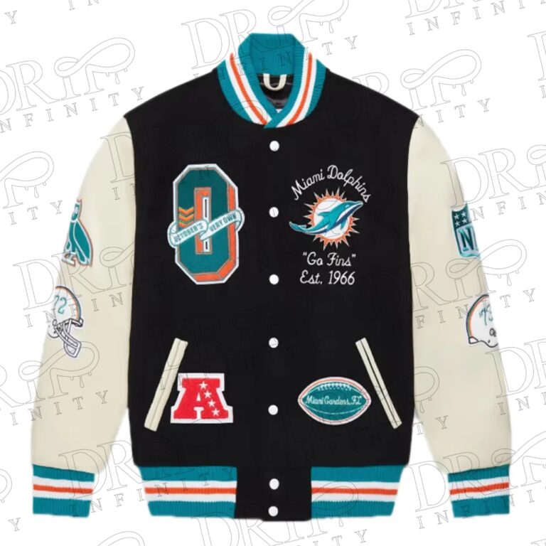 DRIP INFINITY: OVO x NFL Miami Dolphins Varsity Jacket
