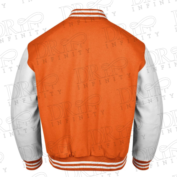 DRIP INFINITY: Orange & White Varsity Letterman Jacket (Back)