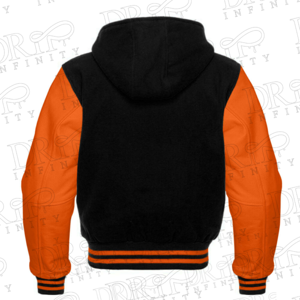 DRIP INFINITY: Men’s Black & Orange Hooded Varsity Jacket (Back)