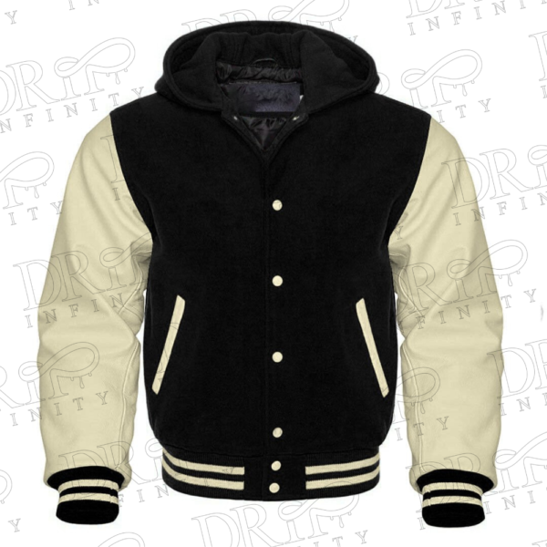 DRIP INFINITY: Men’s Black & Cream Hooded Varsity Jacket