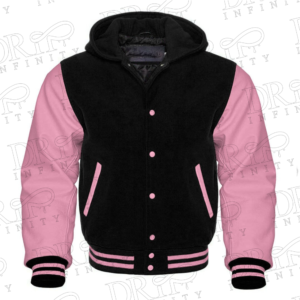 DRIP INFINITY: Men’s Black & Hot Pink Hooded Varsity Jacket