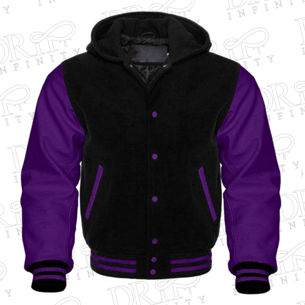 DRIP INFINITY: Men’s Black & Purple Hooded Varsity Jacket