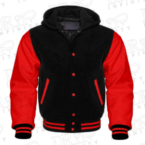 DRIP INFINITY: Men’s Black & Red Hooded Varsity Jacket