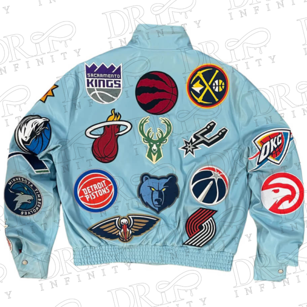 DRIP INFINITY: Light Blue NBA Team Collage Jeff Hamilton Leather Jacket ( Back )