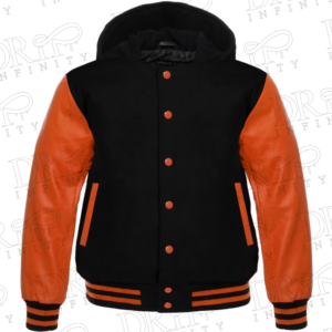 DRIP INFINITY: Men’s Black & Orange Hooded Varsity Jacket