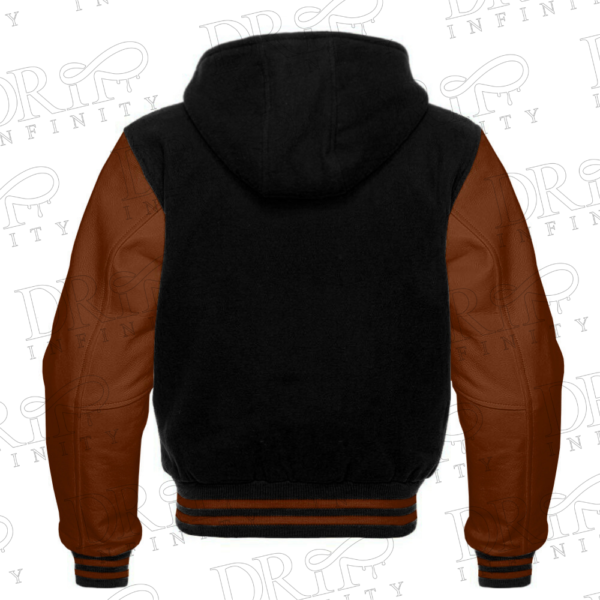 DRIP INFINITY: Men’s Black & Brown Hooded Varsity Jacket (Back)