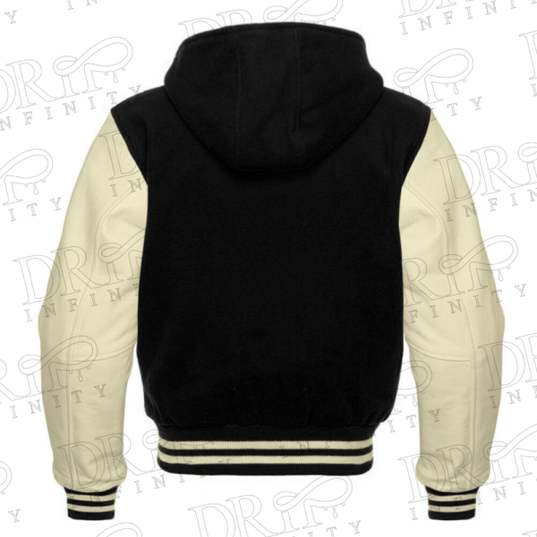 DRIP INFINITY: Men’s Black & Cream Hooded Varsity Jacket (Back)
