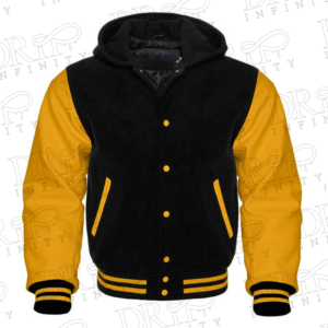 DRIP INFINITY: Men’s Black & Gold Hooded Varsity Jacket (Back)