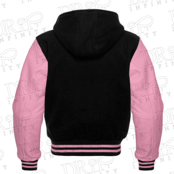 DRIP INFINITY: Men’s Black & Hot Pink Hooded Varsity Jacket (Back)