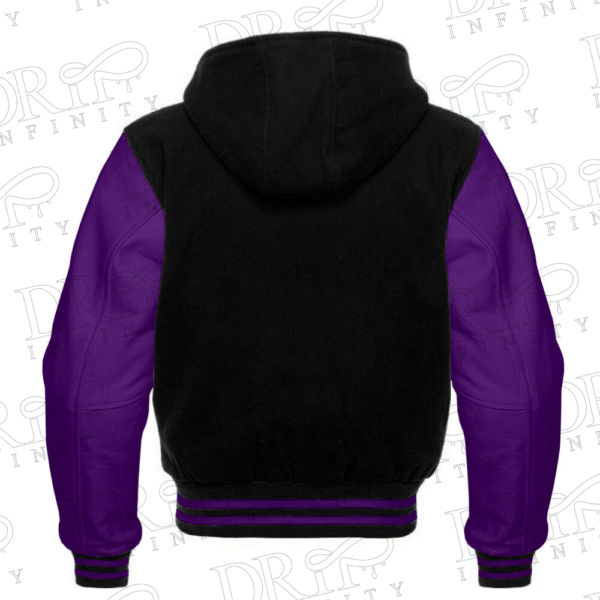 DRIP INFINITY: Men’s Black & Purple Hooded Varsity Jacket (back)