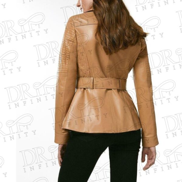 DRIP INFINITY: Women's Tan Lambskin Leather Long Pea Coat (Back)