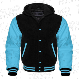 DRIP INFINITY: Men’s Sky Blue & Black Hooded Varsity Jacket