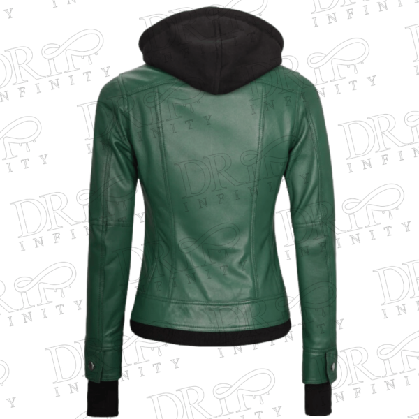 DRIP INFINITY: Women's Green Bomber Leather Jacket with Removable Hood (Back)