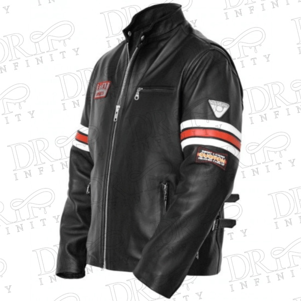 DRIP INFINITY: Black Café Racer Red and White Striped Leather Jacket