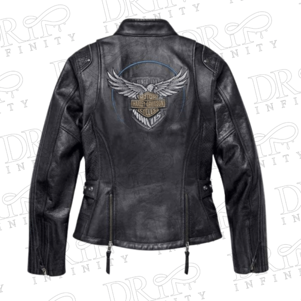 DRIP INFINITY: Harley Davidson 115th Reflective Black Leather Jacket Sz Petite (Back)