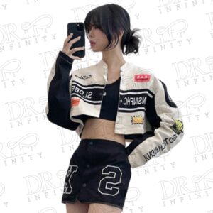 DRIP INFINITY: Women's Vintage Cropped Racer Leather Jacket