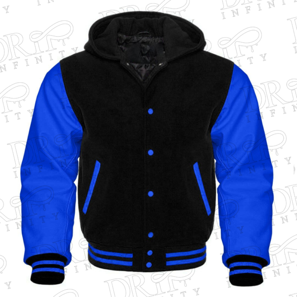 DRIP INFINITY: Men’s Black & Royal Blue Hooded Varsity Jacket