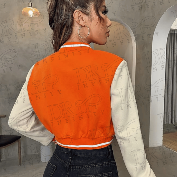 DRIP INFINITY: Women's Letter Orange Varsity Jacket (Back)