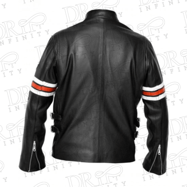 DRIP INFINITY: Black Café Racer Red and White Striped Leather Jacket (Back)