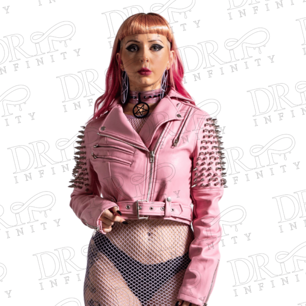DRIP INFINITY: Women's Pink Studded Rock Steam Punk Style Biker Jacket