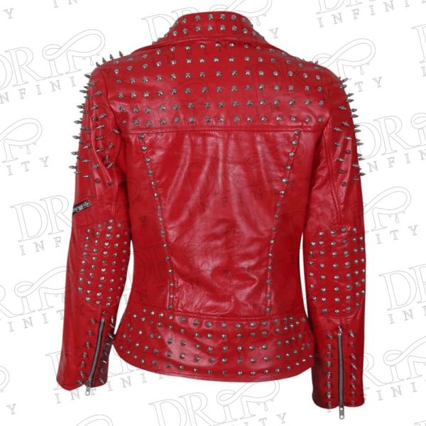 DRIP INFINITY: Women’s Red Spike Studded Leather Jacket (Back)