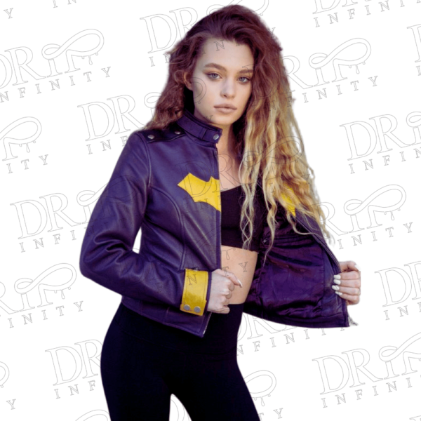 DRIP INFINITY: Women's Batgirl Purple Yellow Leather Jacket