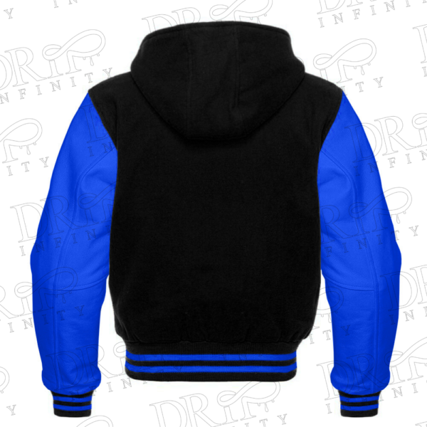 DRIP INFINITY: Men’s Black & Royal Blue Hooded Varsity Jacket (Back)