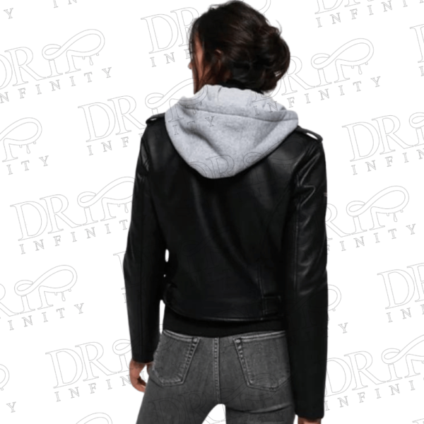 DRIP INFINITY: Women's Black Biker Hooded Leather Jacket (Back)