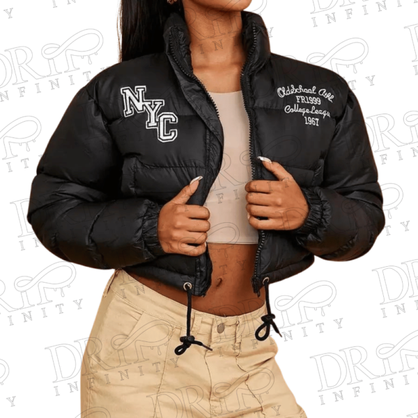DRIP INFINITY: Women's Black Cropped NYC Logo Puffer Jacket