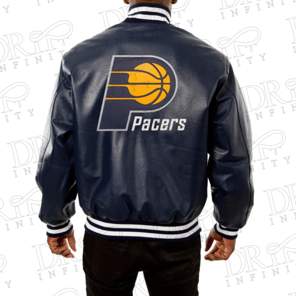 DRIP INFINITY: Indiana Pacers Varsity Navy Blue Leather Jacket (Back)