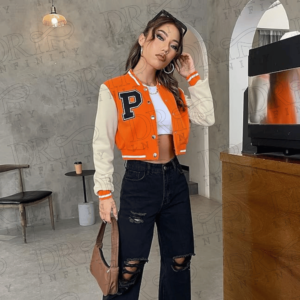 DRIP INFINITY: Women's Letter Orange Varsity Jacket