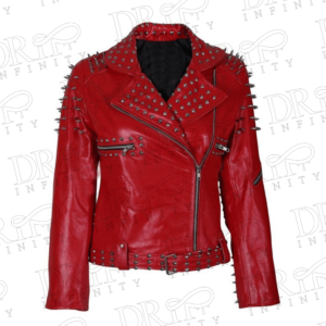 DRIP INFINITY: Women’s Red Spike Studded Leather Jacket
