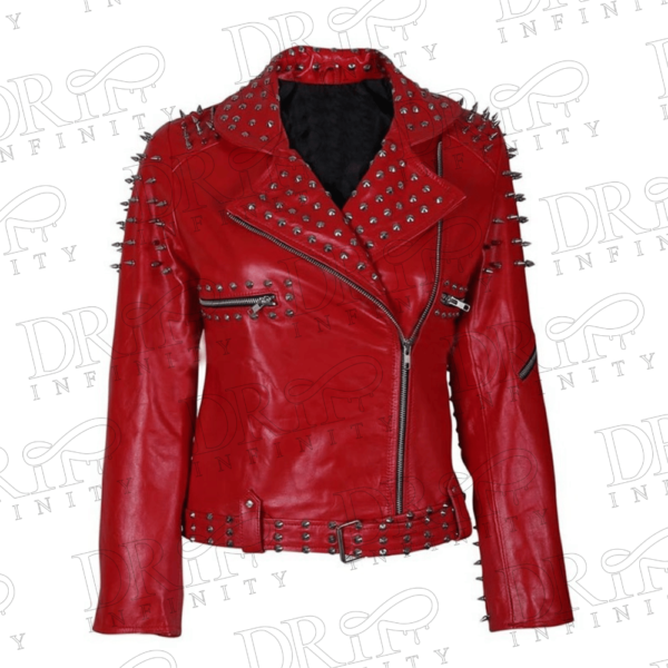 DRIP INFINITY: Women’s Red Spike Studded Leather Jacket