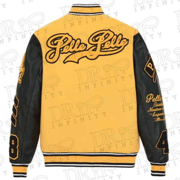 DRIP INFINITY: Pelle Pelle World Famous Gold & Black Varsity Jacket (Back)