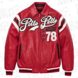 DRIP INFINITY: Pelle Pelle Encrusted Varsity Plush Red Varsity Jacket
