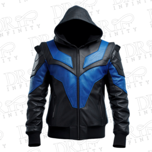 DRIP INFINITY: Men’s Royal Sapphire Blue & Black Punk Hooded Bomber Leather Jacket
