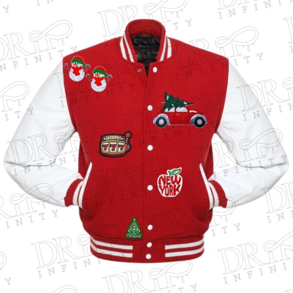 DRIP INFINITY: White & Red Christmas Varsity Jacket