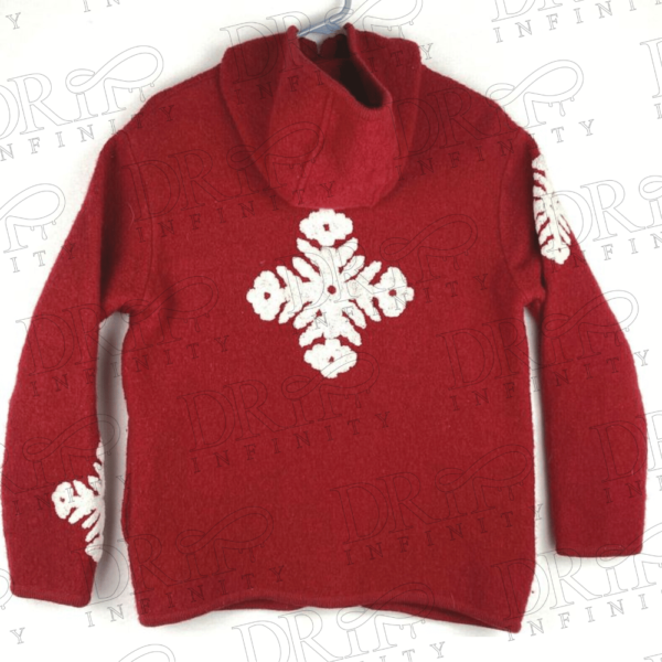 Drip Infinity: International Women's Red 100% Wool Full Zip With Snowflakes Patches Christmas Jacket