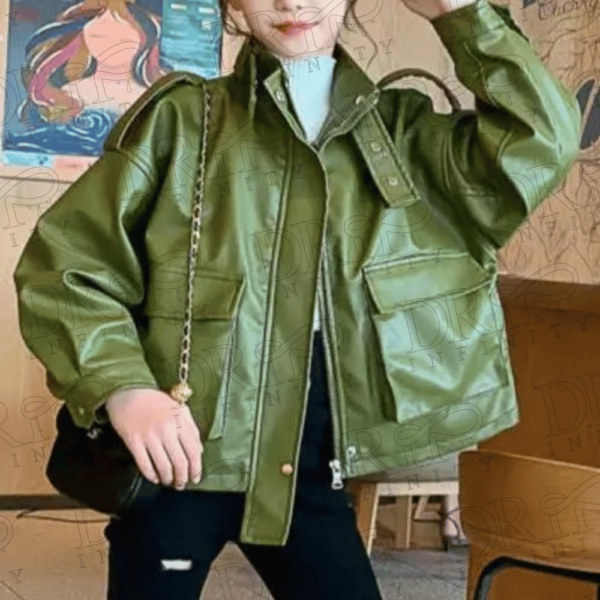 DRIP INFINITY: Army Green Girls Leather Jacket