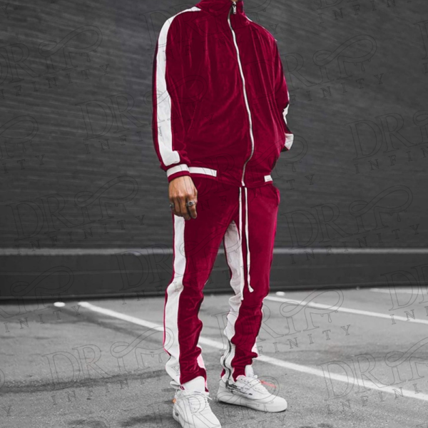 Drip Infinity: Men's Wine Velvet Twin Side Stripe Tracksuit