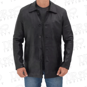 DRIP INFINITY: Men's Tall Three Quarter Length Black Leather Coat
