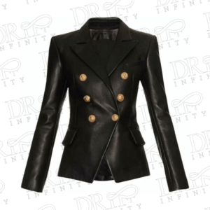 DRIP INFINITY: Women's Double Breasted Black Leather Blazer