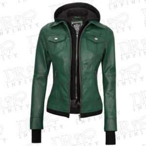 DRIP INFINITY: Women's Green Bomber Leather Jacket with Removable Hood