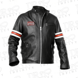 DRIP INFINITY: Black Café Racer Red and White Striped Leather Jacket