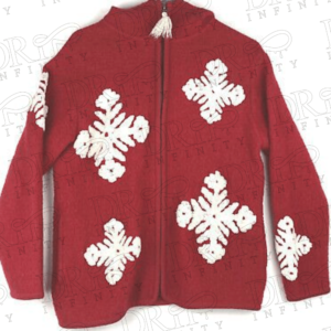 Drip Infinity: International Women's Red 100% Wool Full Zip With Snowflakes Patches Christmas Jacket